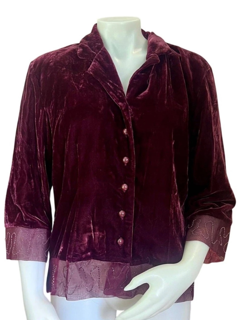 Carole Little Velvet Button-Front Jacket in Burgundy with Sheer Trim